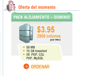 Oferta del momento | PACK ALOJAMIENTO + DOMINIO | $3.95/ 2500 colones por mes | ORDENAR